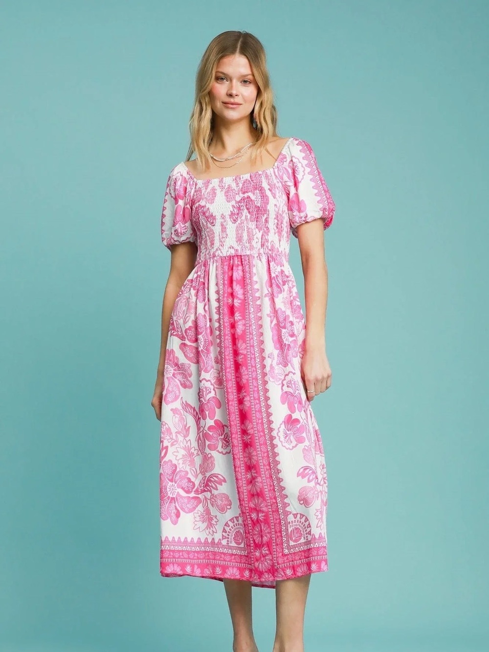 Umgee Smocked Puff Sleeve Floral Midi Dress Pink Size Medium